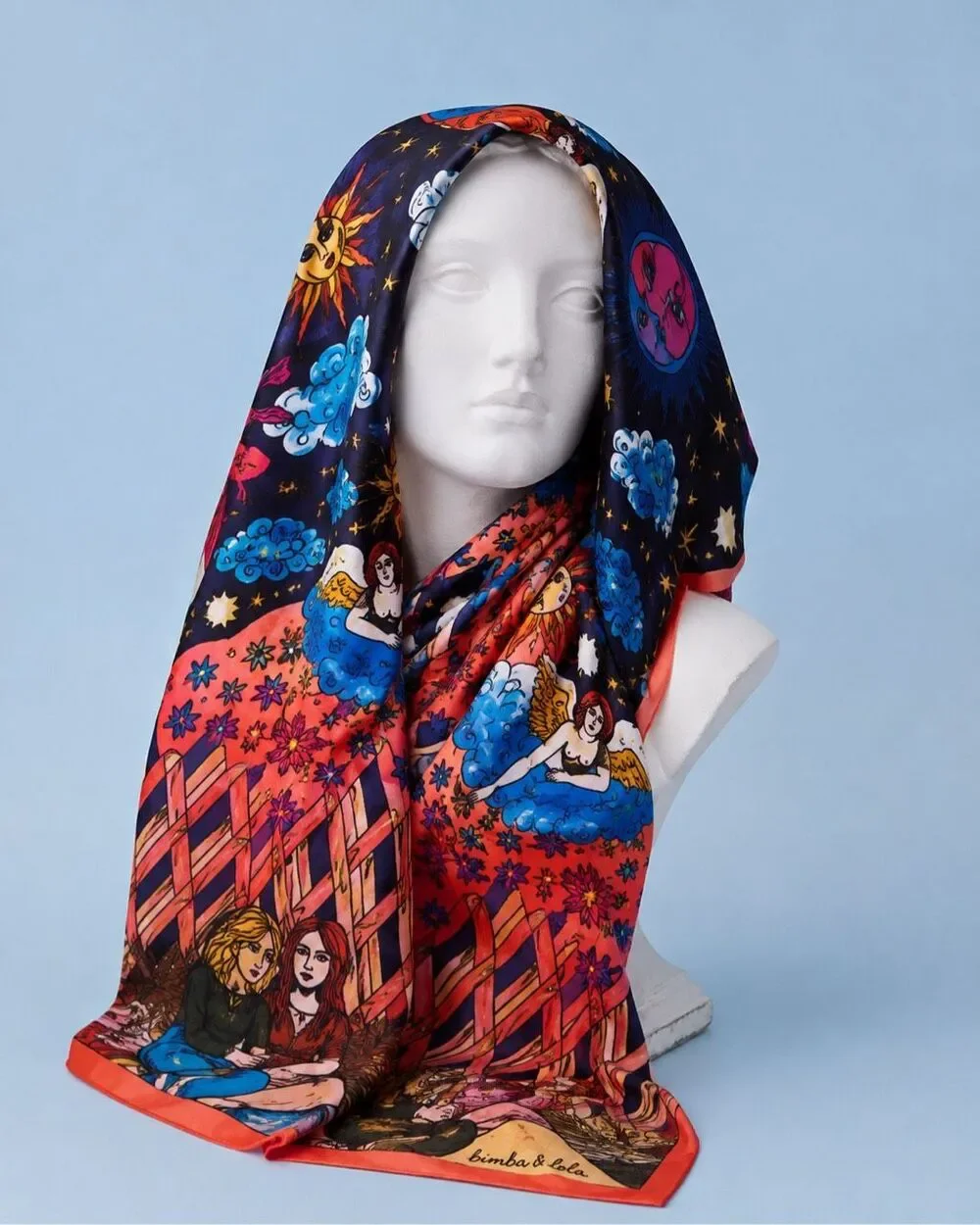 Bimba y Lola Oversized 46” Celestial Surrealist Scarf Sun Moon Cupid